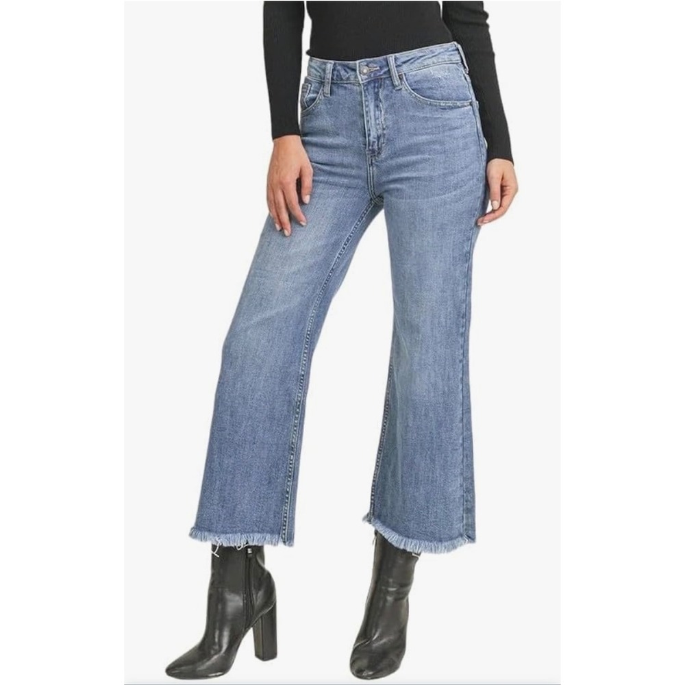 Risen High Waisted Frayed Hem Wide Leg Jeans Light Wash 15/32